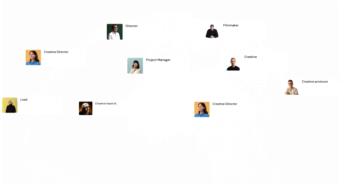 Dotted world map with curated talent profile cards: Director, Filmmaker, Creative Director, Project Manager, Creative, Creative producer, Lead and Creative head of.