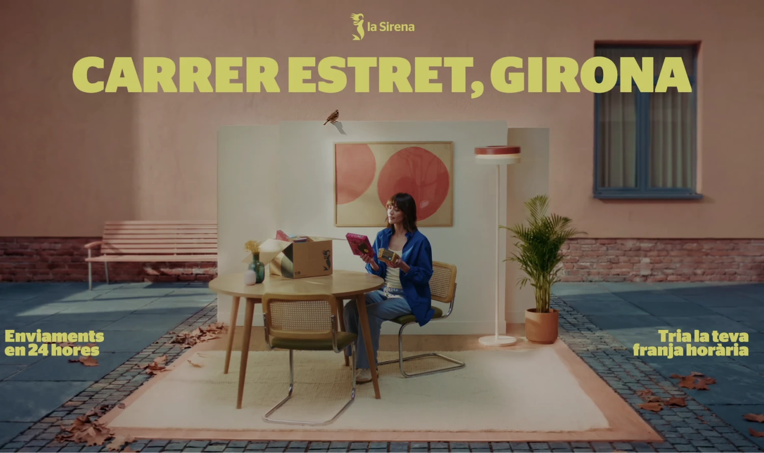 A piece from La Sirena's "Carrer Estret, Girona" campaign, combining real footage with AI-generated landscapes.