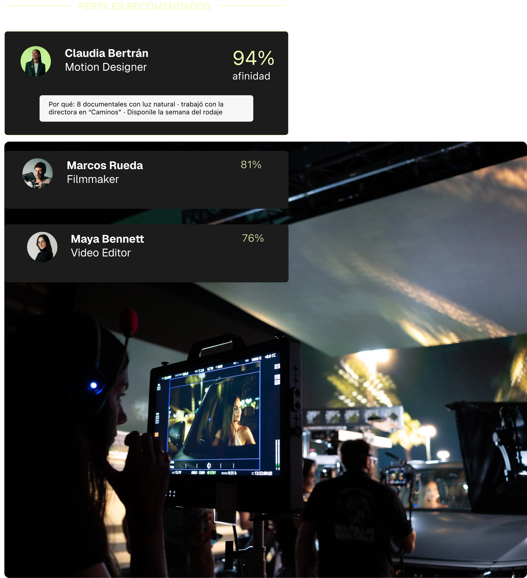 PLAY recommended profiles panel over a shoot image: Claudia Bertrán (94% affinity), Marcos Rueda (81%) and Maya Bennett (76%), with a note explaining the reason behind each recommendation.