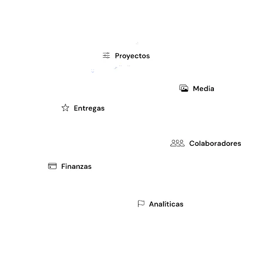 Diagrama modular de PLAY Platform con los módulos Proyectos, Media, Analíticas, Colaboradores, Finanzas y Entregas.