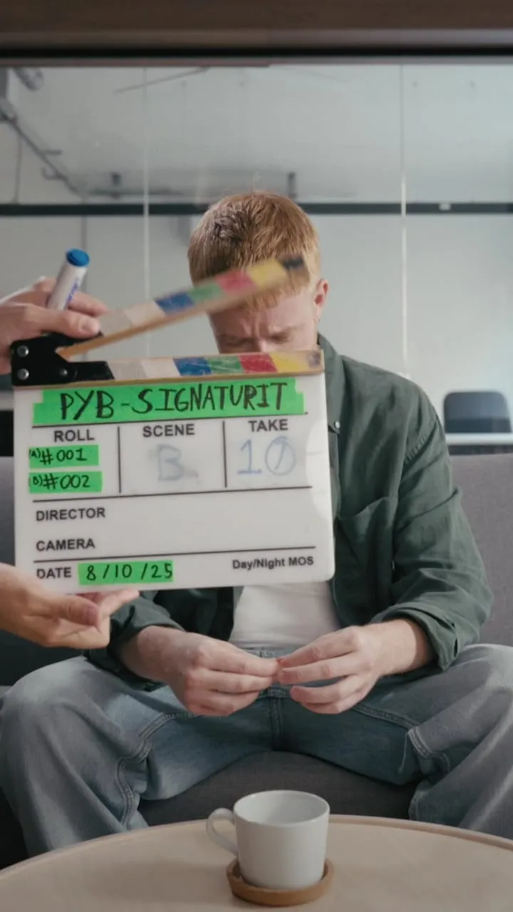 Film crew holding a PlayYourBrand clapperboard in front of the talent during a shoot.