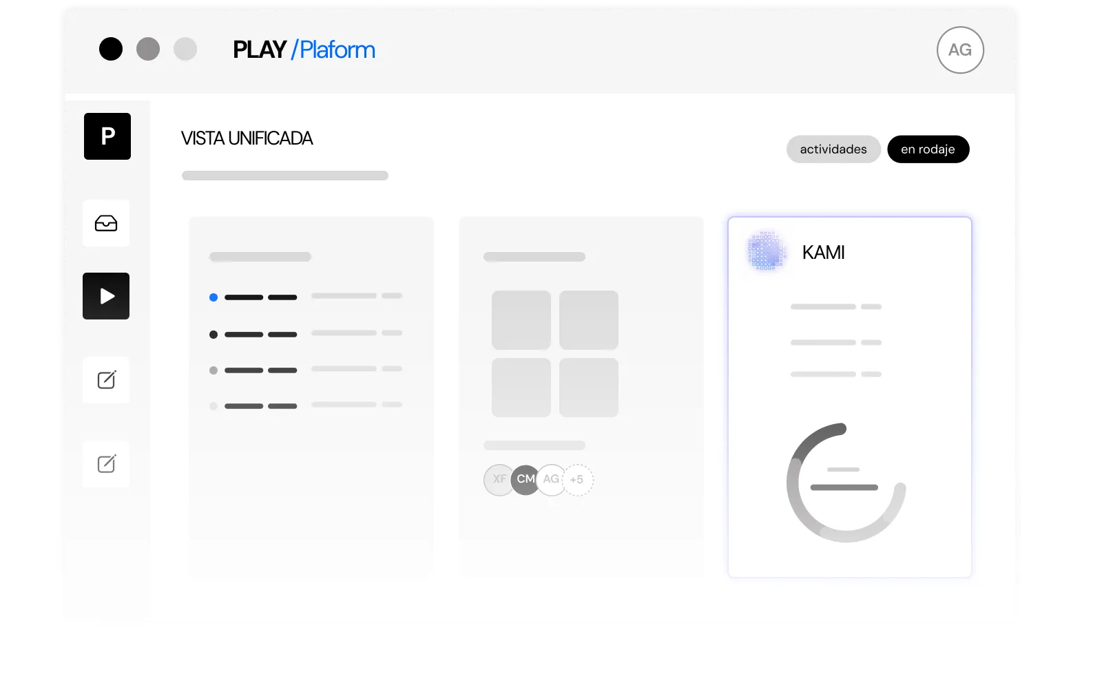 Vista unificada de PLAY Platform: barra lateral de módulos, listado de proyectos y panel de KAMI con totales.