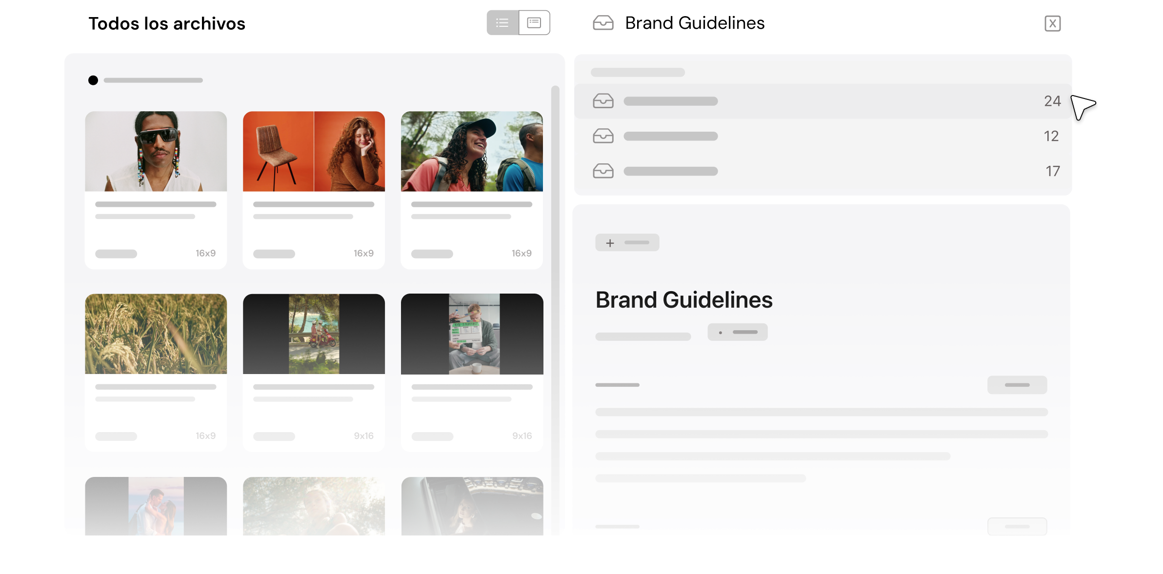 Biblioteca de medios de PLAY Platform: navegador de archivos con miniaturas y un panel de Brand Guidelines.